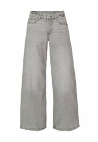 Grijze jeans met wijde pijpen en een hoge taille, gemaakt van denim. Voorzien van gestikte zakken en een knoopsluiting. Strakke afwerking zonder opvallende patronen.