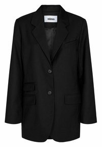 Zwarte blazer met een notch-kiel, een enkele knoopsluiting, twee voorzakken en knopen. Gemaakt van een gladde stof met een gestructureerde vorm.