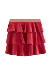 Gonna mini a strati rossi con una finitura testurizzata, caratterizzata da tre strati arricciati e una cintura elastica dorata.