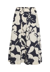 Blommig midikjol i krämfärg med stora marinblå blommor, elastisk midja och en flödande silhuett. Tillverkad av lätt tyg.