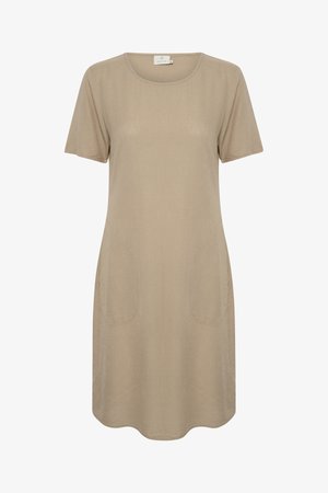 Bežna kratkofrakasta obleka iz mehkega materiala, z okroglo izrezom in dvema stranskima žepoma s poševnimi odprtinami. Gladka tekstura, dolžina do kolen.