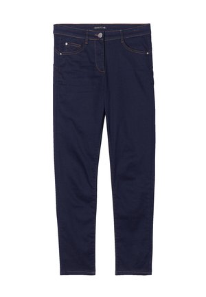 Pantalons en denim bleu marine au design ajusté, avec des coutures orange, style cinq poches et fermeture à bouton à l'avant.