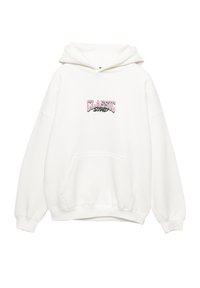 Witte hoodie met een kangoeroezak, oversized pasvorm en grafische tekst "CLASSIC" in roze en groen. Gemaakt van zachte stof, met een capuchon met trekkoord.