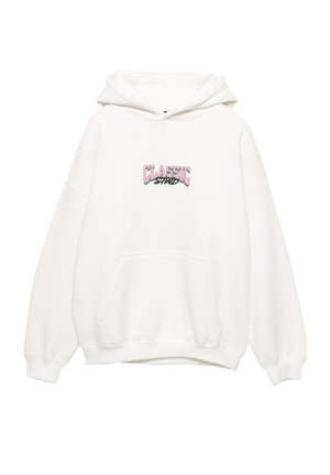 Biała bluza z kapturem z kieszenią kangurka, luźnym fasonem i nadrukiem "CLASSIC" w kolorach różowym i zielonym. Wykonana z miękkiej tkaniny, z kapturem na sznurek.