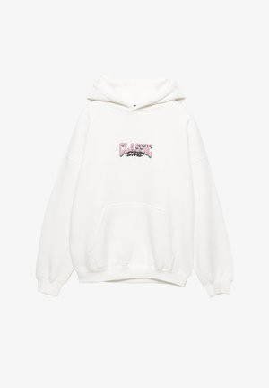 Biała bluza z kapturem z kieszenią kangurka, luźnym fasonem i nadrukiem "CLASSIC" w kolorach różowym i zielonym. Wykonana z miękkiej tkaniny, z kapturem na sznurek.