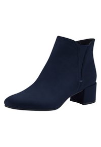 Stivali alla caviglia blu navy con una superficie liscia, simile alla pelle scamosciata, punta affilata e tacco a blocco. Presentano dettagli minimi e un pannello laterale elasticizzato.