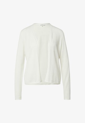 Lightweight, white cardigan made of soft fabric, featuring an open front, long sleeves, and no fastenings. Smooth texture with a relaxed fit.