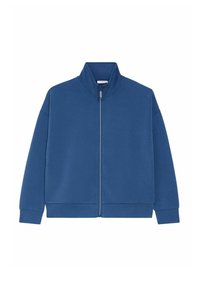 Giacca blu con zip realizzata in un tessuto liscio, caratterizzata da un colletto alto e maniche lunghe con polsini e orlo a coste. Design semplice e monocromatico.