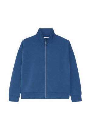 Blue zip-up jacket made of smooth fabric, featuring a high collar and long sleeves with ribbed cuffs and hem. Simple, solid color design.