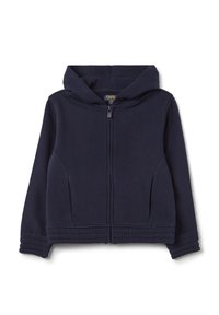 Navy blue zip-up hoodie made of soft cotton. Features a hood, ribbed cuffs, and two front pockets. Simple design with no patterns.