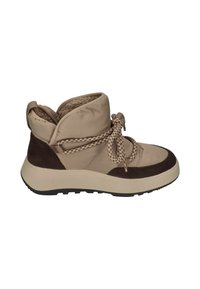 Beige Mid-Top-Stiefel mit braunen Wildlederakzenten, strukturiertem Futter und dekorativen, geflochtenen Schnürsenkeln. Gummisohle mit Profil für guten Grip.