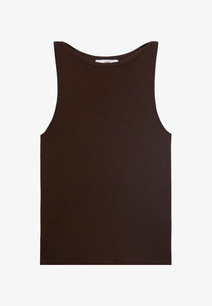 Hnědý bezrukávový top vyrobený z žebrované tkaniny. Disponuje kulatým výstřihem a rovým lemem, bez viditelných log nebo vzorů.