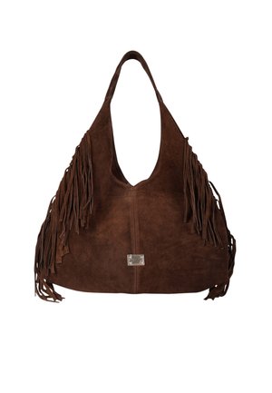 Borsa hobo in suede marrone con lunghe frange, un'apertura profonda e un dettaglio in metallo color argento al centro. Texture morbida, design spazioso.