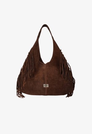 Borsa hobo in suede marrone con lunghe frange, un'apertura profonda e un dettaglio in metallo color argento al centro. Texture morbida, design spazioso.