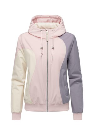 Huppari, jossa on sekoitus pastellin vaaleanpunaista, beigeä ja harmaata paneelia, vetoketjukiinnitys ja nyöriyksityiskohtia. Kiiltävä kangas ja rento istuvuus.