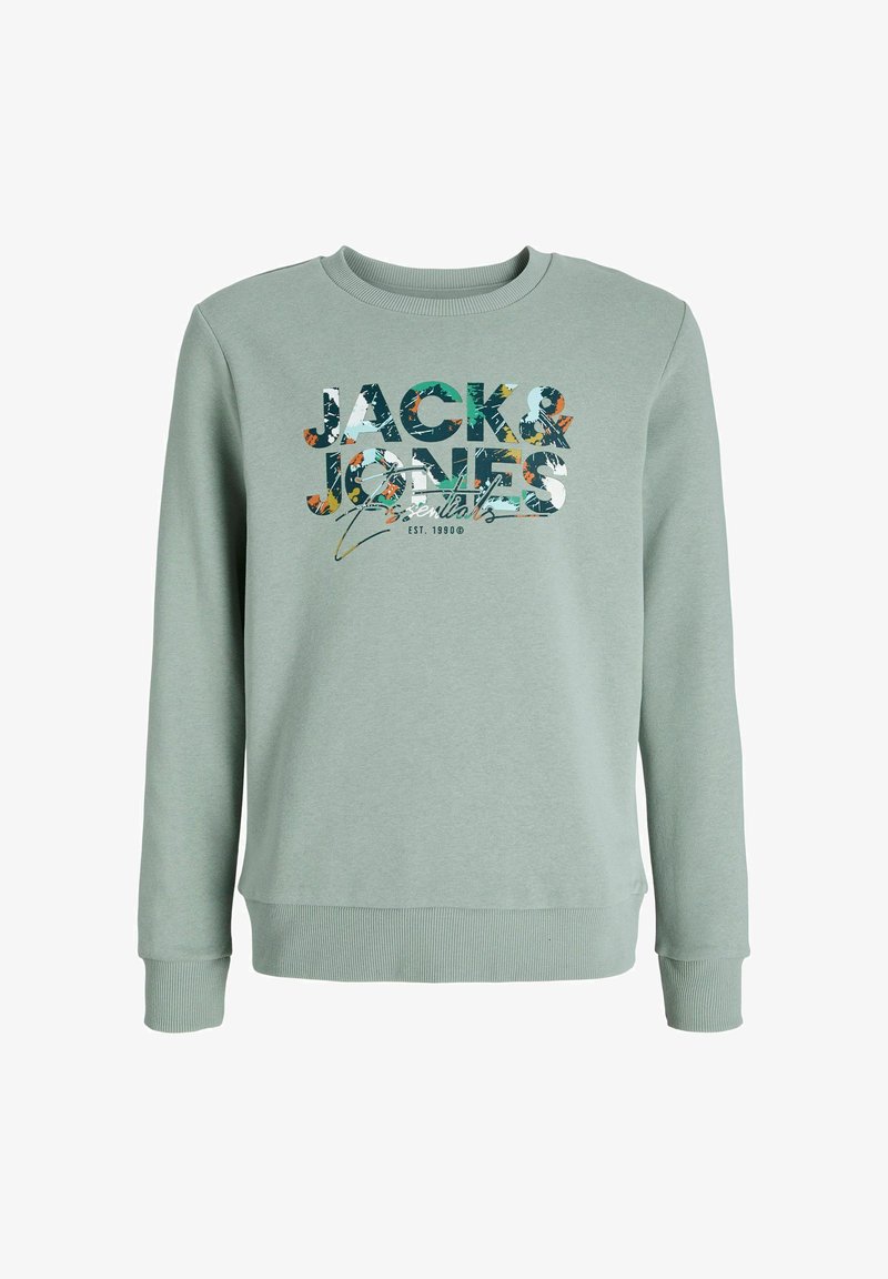Felpa verde chiaro con scollo a rotondo, polsini e bordo a costine, caratterizzata da una grafica floreale colorata con il testo "JACK & JONES Essentials."