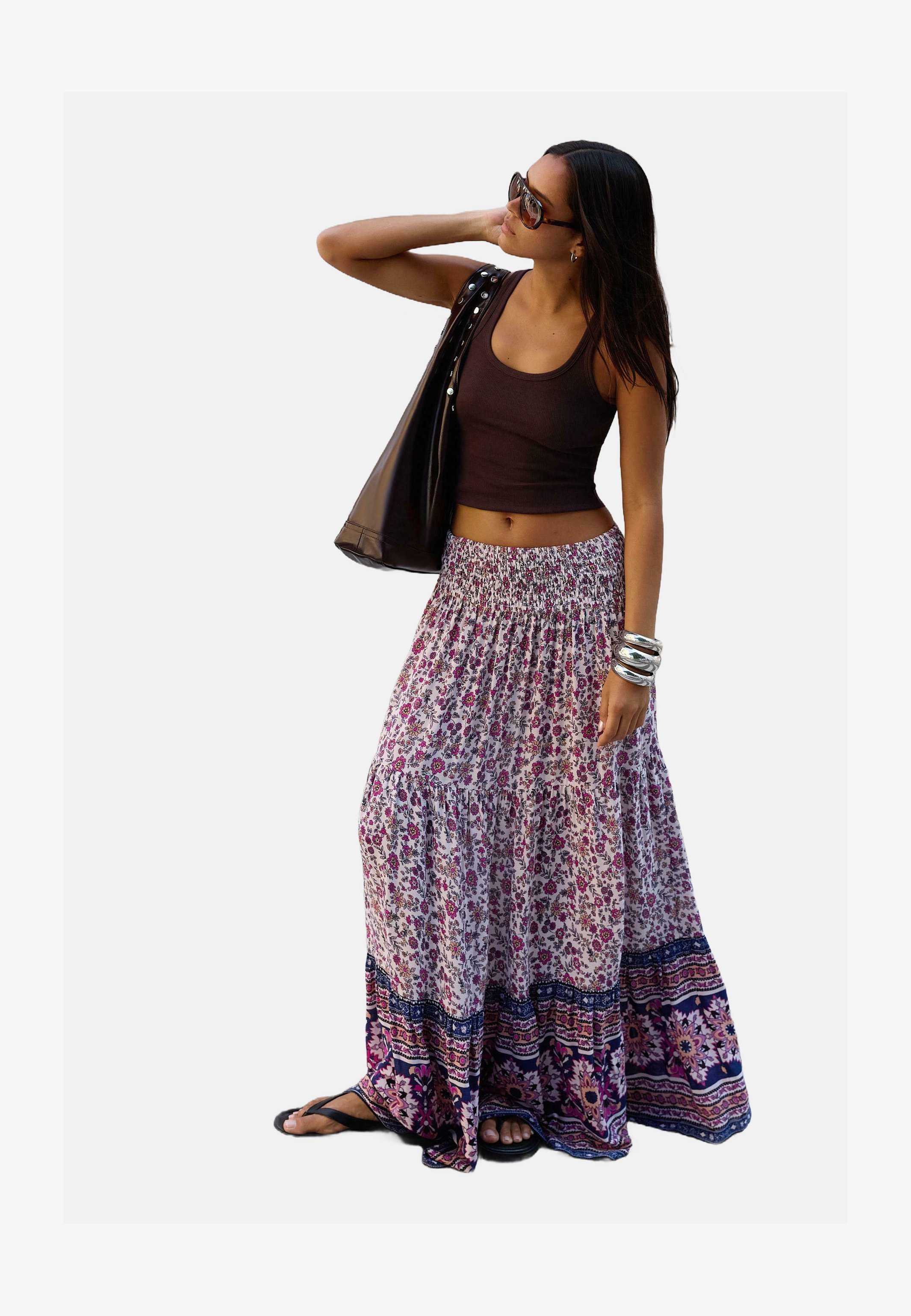Gonna Lunga Boho Annebouti: Vita Alta Elastica, Maxi A Pieghe, Blu (taglia L) – Perfetta Per Spiaggia E Tutti I Giorni