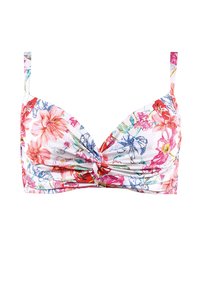 Kwiatowy biustonosz bikini z mieszanką różowych, czerwonych i niebieskich kwiatów na białym tle. Miseczki są skręcone na środku, z wąskimi ramiączkami.