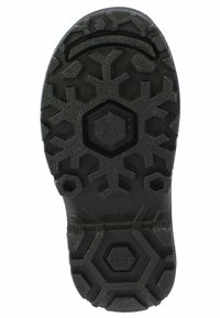Schwarze Gummistiefelsohle mit strukturiertem Oberflächenmuster, das Schneeflocken- und Hexagon-Formen für besseren Halt bietet. Kennzeichnungen weisen auf Langlebigkeit und Herkunft hin.