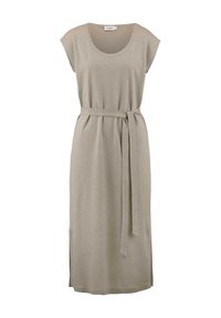 Beige Jersey-Midi-Kleid mit kurzen Ärmeln, Rundhalsausschnitt, einem gebundenen Taillengürtel und seitlichen Schlitzen für einen einfachen Bewegungsablauf.