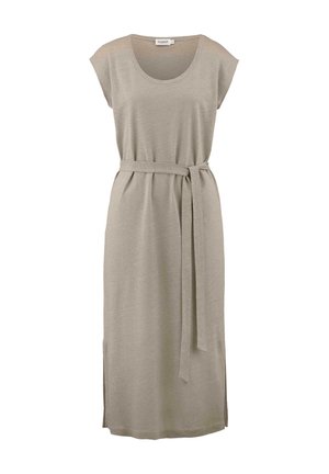 Abito midi in jersey beige con maniche a cappuccio, scollatura rotonda, cintura annodata in vita e fessure laterali per facilitare i movimenti.