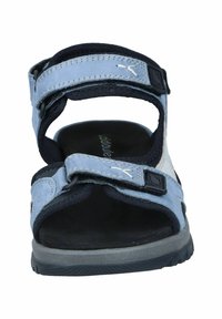 Blaue und graue Sandale mit verstellbaren Riemen, gepolstertem Fußbett, stabiler Sohle und weichem Textil-Obermaterial. Verfügt über einen sicheren Schnallenverschluss.