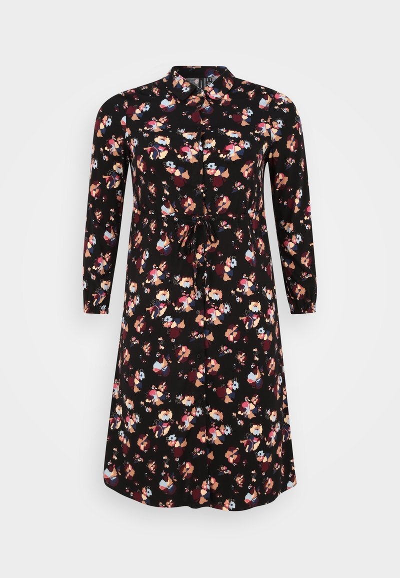 Robe noire à motifs floraux avec manches longues, boutonnée à l'avant et ceinture à la taille. Présente un motif floral multicolore avec des détails subtils partout.
