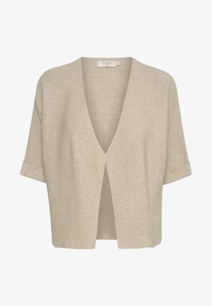 Cardigan à manches courtes, à ouverture devant, en tricot beige clair. Doté d'un col en V et de poignets roulés. Texture lisse avec une coupe décontractée.