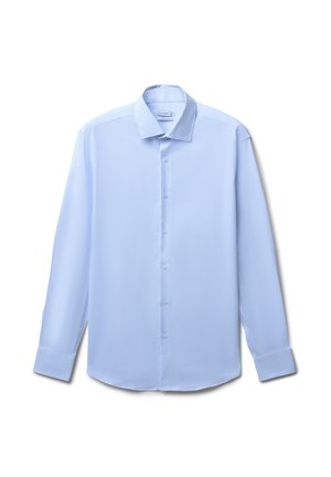 Hellblaues, langärmliges Hemd aus glattem Stoff mit Knöpfen; verfügt über einen klassischen Kragen und Knopfmanschetten.
