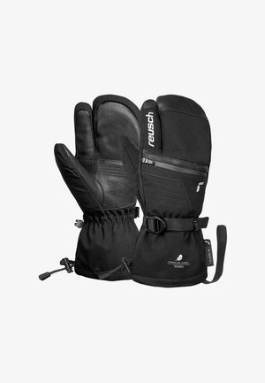 Zwarte winterwanten met leren handpalmen, textielen bovenzijde, verstelbare polsbanden, zijritsen en elastische manchetten voor een veilige pasvorm.