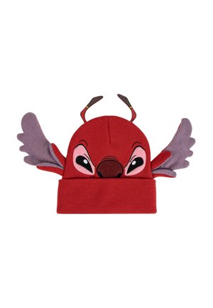 Red knit hat featuring a character design with large eyes, brown nose, purple wings, and antlers. Folded cuff at the bottom.