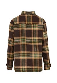 Brun og grøn ternet flannel skjorte med krave, lange ærmer og klassisk snit. Blød tekstur med kontrasterende tjekmønstre.