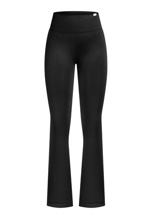 Black flared leggings with a high, ribbed waistband. Made of soft, stretchy material with a smooth texture, featuring no visible patterns or accents.