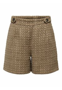 Shorts tissés marron avec une surface texturée, dotés d'une taille plate, de deux boutons sur le devant et d'une coupe ajustée.