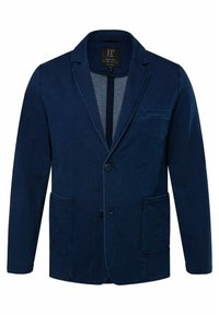 Mörkblå blazer i mjukt tyg, med två framfickor, en enda knappstängning och en notch-lapel design.