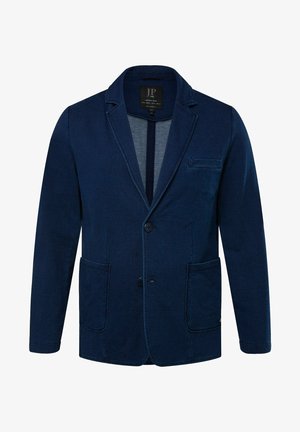 Blazer azul oscuro hecho de tela suave, con dos bolsillos frontales, un cierre de un solo botón y un diseño de solapa en muesca.