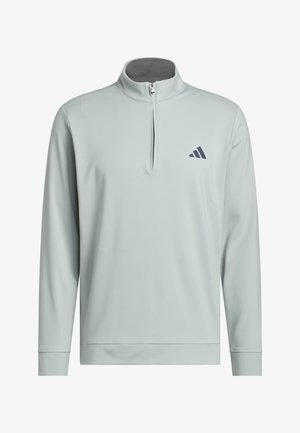 Lichtgrijze pullover met lange mouwen, een kwart ritssluiting en een klein donkergrijs Adidas-logo op de linkerborst.