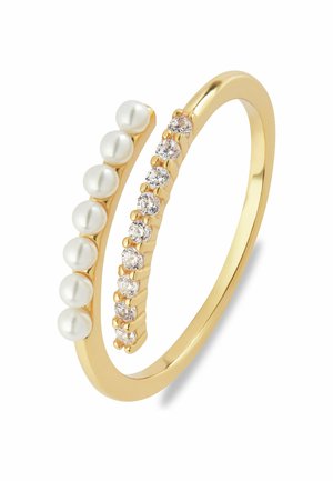 Guldring med seks blanke perler og fem små klare ædelsten i et buet design. Glat finish og poleret tekstur overalt.