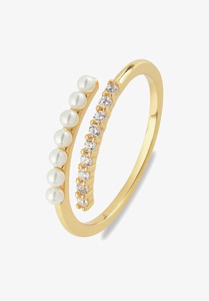 Goldring mit sechs glänzenden Perlen und fünf kleinen klaren Edelsteinen, die in einem geschwungenen Design angeordnet sind. Glatte Oberfläche und polierte Textur insgesamt.