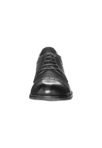 Scarpa da uomo in pelle nera con finitura liscia, punta rotonda e allacciatura con cinque occhielli. Presenta cuciture decorative e un tacco basso.