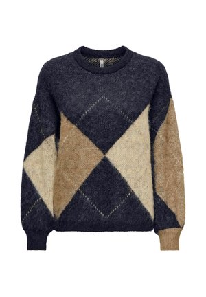 Pull en argyle bleu marine et beige. Fabriqué en matière tricot douce, il présente un col rond et des poignets côtelés pour un ajustement décontracté.