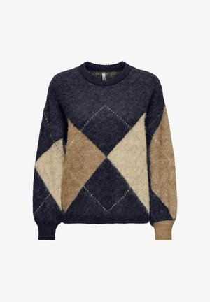 Sweter w wzór argyle w kolorze granatowym i beżowym. Wykonany z miękkiego materiału dzianinowego, posiada okrągły dekolt i ściągacze przy mankietach, co zapewnia luźny fason.