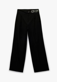 Sorte brede bukser med bælte i taljen, der har en glat tekstur og frontlommer. Minimalistisk design med rene linjer.