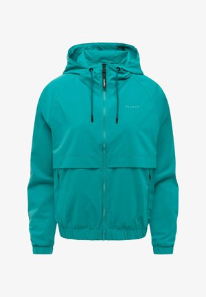 Giacca leggera con cappuccio di colore verde acqua, con cerniera frontale, coulisse, polsini elasticizzati, tasche laterali con zip e piccolo logo del marchio sul petto sinistro.