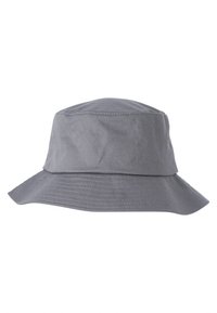Grå bucket hat lavet af letvægtsstof med en blød struktur. Har en bred, fleksibel skygge og syninger rundt om kronen.
