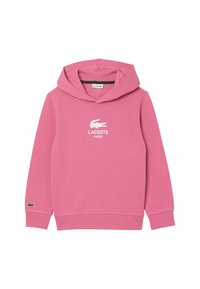 Felpa rosa in cotone con tasca a marsupio e cappuccio regolabile. Presenta il logo bianco di Lacoste e un piccolo emblema di coccodrillo verde sulla manica.