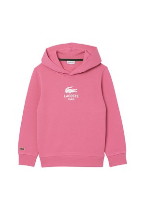 Hoodie en coton rose avec poche kangourou et capuche à cordon. Présente un logo Lacoste blanc et un petit emblème de crocodile vert sur la manche.