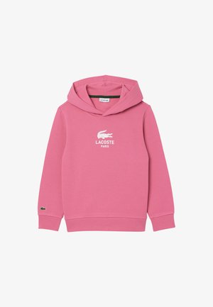 Hoodie en coton rose avec poche kangourou et capuche à cordon. Présente un logo Lacoste blanc et un petit emblème de crocodile vert sur la manche.