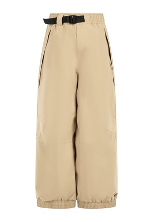 Beige, knielange Hose aus leichtem Stoff mit elastischem Bund und verstellbarem Gürtel. Verfügt über seitliche Taschen und elastische Bündchen.