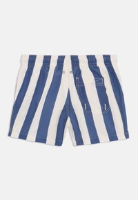 Bañador con rayas horizontales azules y blancas, una cinturilla elástica y un bolsillo trasero con costuras decorativas.